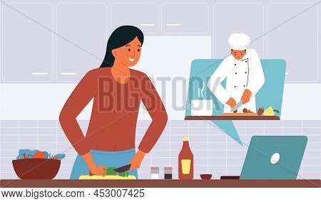 People Cooking Online Flat Composition With Woman Looking Culinary Show On Laptop And Copy Cook Acti