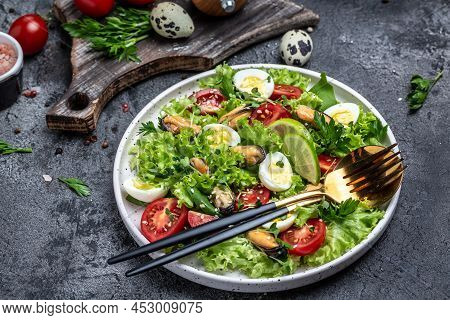 Fresh Salad With Mussels, Quail, Egg, Conjugate, Lime, Spinach, Lettuce, Cherry Tomatoes And Microgr