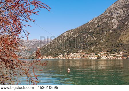 Beautiful Mediterranean Landscape. View Of Kotor Bay On Sunny Spring Day.   Montenegro, Adriatic Sea