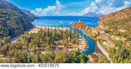 Aerial View With Porto Village To The West Of Corsica, France