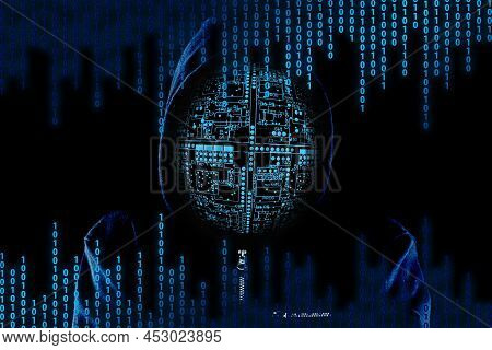 Hacker Over A Screen With Binary Code.