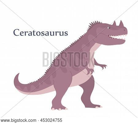 Scary Ceratosaurus. Predatory Dinosaur Hunter Of The Jurassic Period. Vector Cartoon Illustration Is