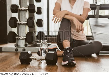 Workout Asian Woman, Girl Sitting Relax After Strength Training, Exercise With Dumbbell In Fit Sport