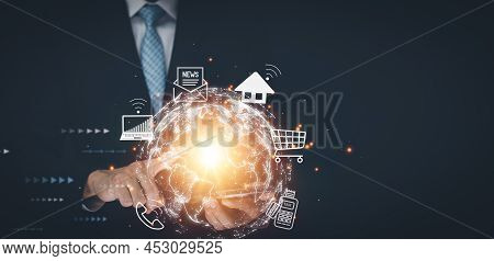 Smart Phone With Icon Business Concept,business Hand Holding A Virtual Globe With Financial Icons Fu