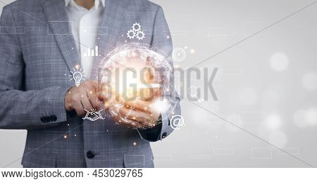 Smart Phone With Icon Business Concept,business Hand Holding A Virtual Globe With Financial Icons Fu