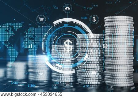 Abstract Stacked Golden Coins With Creative Forex Chart And Dollar Sign With Map On Blurry Backdrop.