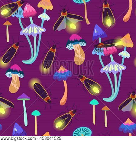 Seamless Pattern With Firefly Beetles And Fairy Mushrooms For Textile And Design.