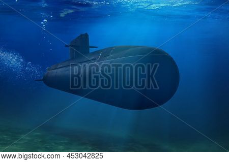 Naval Submarine Submerge Underwater During A Mission In Open Sea