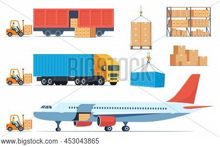 Loading Boxes With Goods Into Different Types Of Cargo Transport. Cargo Plane, Train, Truck And Fork