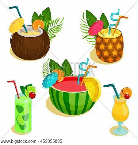 A Collection Of Bright, Exotic Cocktails In Fruit