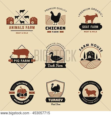 Farm Badges. Rural Emblems Milk Meat Vegetables And Fruits Country Horses Coes Pork Symbols Recent V