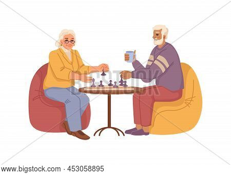 Happy Elderly Couple Playing Chess And Drinking Tea. Vector Flat Cartoon Characters In A Nursing Hom