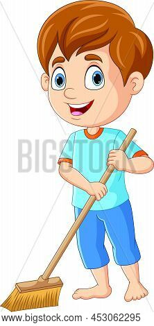 Vector Illustration Of Cartoon Little Boy Sweeping The Floor