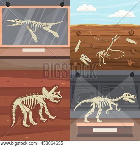 Dinosaur Skeleton Flat 2x2 Design Concept With Ancient Fossils And Museum Exhibits Isolated Vector I