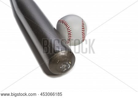 American Sport Ideas. Closeup Of Wooden Brown American Baseball Bat Along With Clean Leather Ball Pl