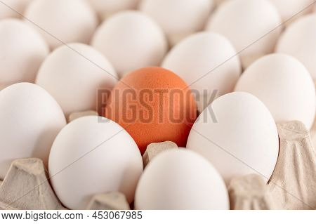 Chicken Eggs Brown And White In A Tray. Top View From An Angle. Close-up.