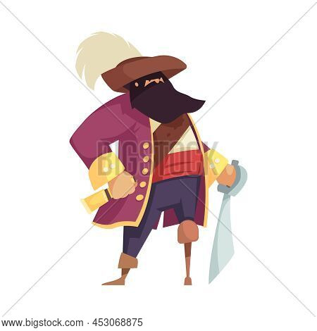 Pirate Flat Character With Sword And Wooden Leg On White Background Vector Illustration
