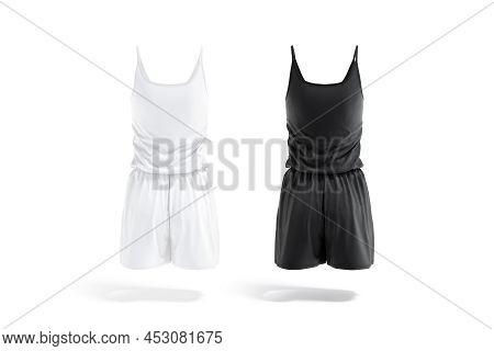 Blank Black And White Women Romper Mockup, Back View, 3d Rendering. Empty Sleeveless Loose Beachwear