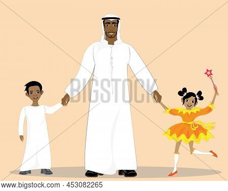 Happy Arabic Father With Two Kids. Happy Father Holds Hands Of His Cheerful Children, Daughter And S