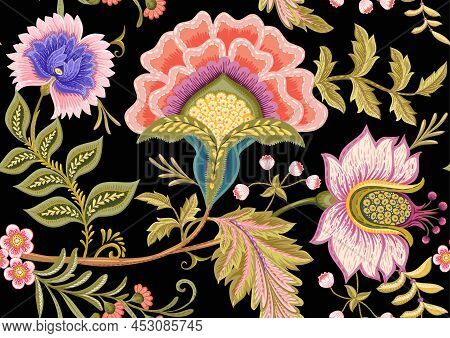 Fantasy Flowers In Retro, Vintage, Jacobean Embroidery Style. Seamless Pattern, Background. Vector I