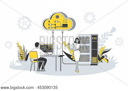 Web Hosting Concept In Flat Line Design. People Working At Data Center Server, Using Cloud Technolog