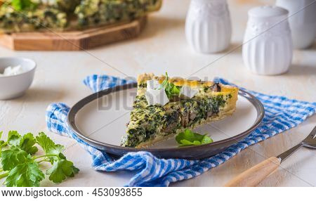 Unsweetened Sliced Open Pie, Shortcrust Pastry Quiche Stuffed With Spinach, Champignons And Cheese O