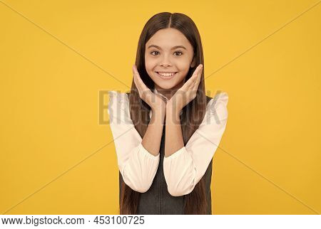 Your Back To School Sckincare. Happy Kid Hold Hands Near Face. Skincare. Beauty School