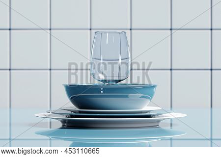 Realistic 3d Illustration Of An Empty Set Of Dishes. Clean Dishes, Folded Kitchen Utensils, Plates, 