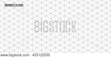Abstract Isometric Grid Vector Seamless Pattern. Black And White Thin Line Triangles Texture. Monoch