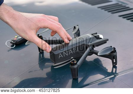 10 April 2022 - Krakow, Poland: Pilot Turns On The Drone Parrot Anafi Thermal