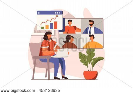 Business Meeting Web Concept In Flat Design. Woman Discussing Tasks With Employees By Calling Group 