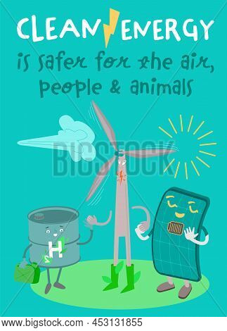 Clean Energy Vertical Poster With Funny Creative Characters.
