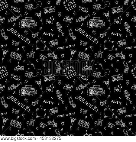 Retro 90s Style Pattern. Doodle Vintage Elements. Bllack And White Seamless Background. Sketch 1990s