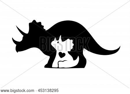 Vector Silhouettes Of Mama And Baby Dinosaur Isolated On White Background. Dimo Emblem, Icon Or Logo