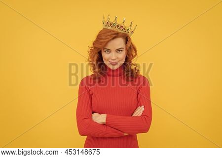 Happy Redhead Woman In Crown. Self Confident Queen. Expressing Smug. Arrogant Princess
