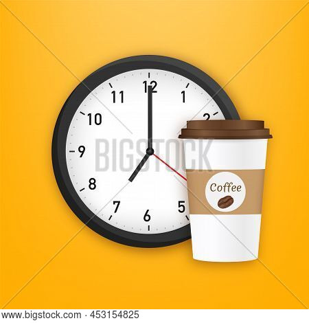 Coffee Cup Time Clock. Coffee With The Watch. Vector Stock Illustration.