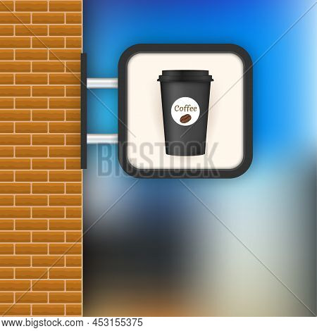 Coffee Shop Sign. Lightbox On Brick Wall. Vector Stock Illustration.