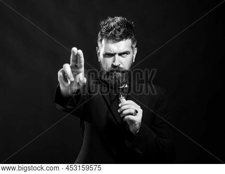 Portrait Of Monk Man With Pray. Priest Praying Oblation. Senior Religion Holy Man With A Confident E