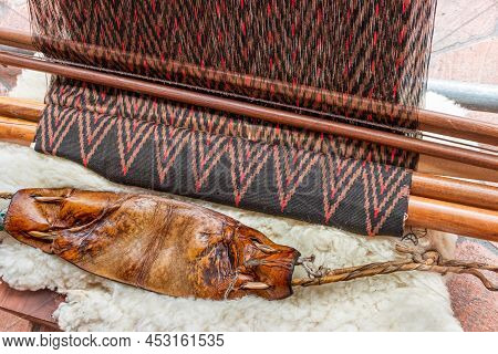 Details Of Equipment And Sample Of Scarf Made In Technic Called Ikat. Traditional Way To Handmade Ar