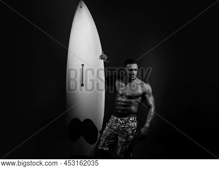 Surfboard Sexy Man. Guy With Serf Board. Summer Vacation Concept. Surfer With A Surfboard. Portrait 