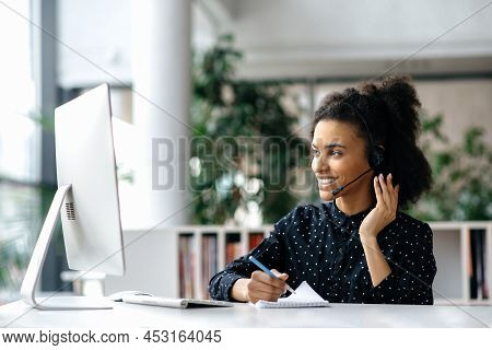 African American Friendly Young Woman With Headset, Call Center Worker, Consultant, Business Person,