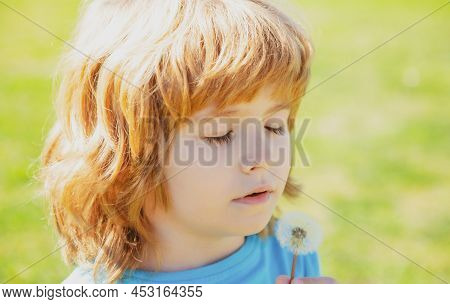 Spring Or Summer Kid Blow Dandelions Flower On Walk And Grass Background. Soul Harmony Concept.