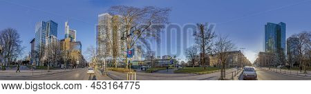 Frankfurt, Germany - Bebruary 27, 2018:  Panorama Perspective Of Skyscraper In The Banking Center Of