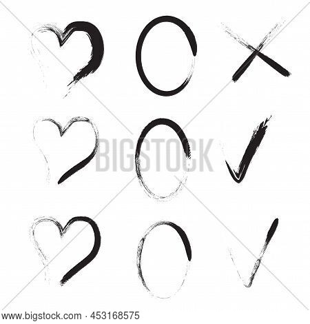 Brush Hearts Ticks Crosses. Check, Check Mark Icon. Love Symbol. Tick Icon. Grunge Texture. Vector I