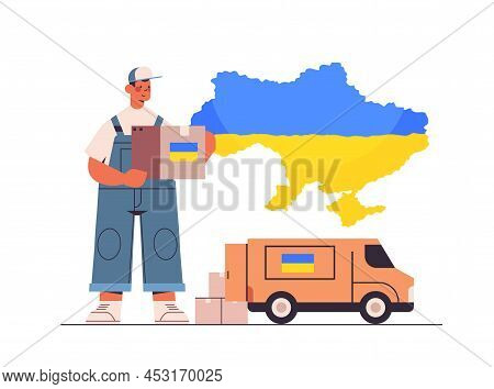 Deliveryman Giving Help Box With Ukraininan Flag To Refugees Humanitarian Aid Material Assistance Go