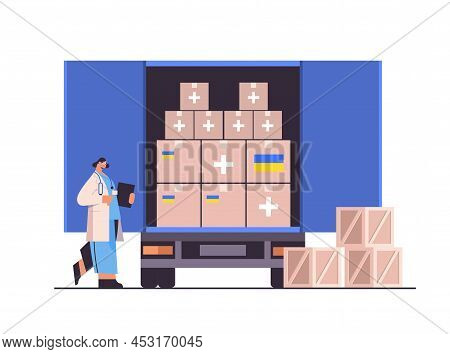 Doctor Near Help Boxes With Medical Supplies To Refugees Humanitarian Aid Material Assistance Govern