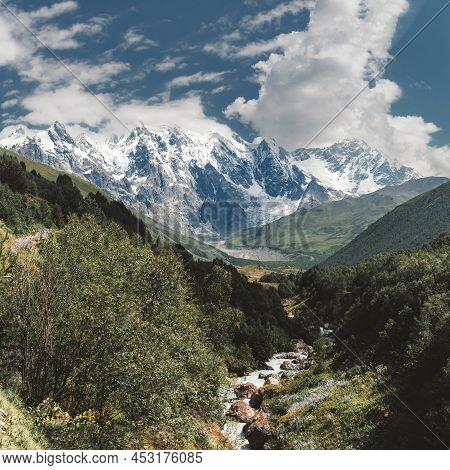 View Of Svaneti Region And Cayon, Caucasus Mountains, Georgia. Autumn Landscape. Red Colours.