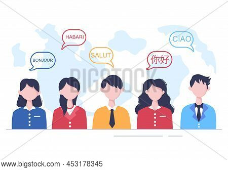 Translator Or Translation Language Illustration. Say Hello In Different Countries And Multilingual I