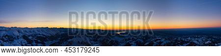Panoramic Picture Of Santis Peak Mountain Switzerland. Spectacular View, Sunset. Winter Snow Covered