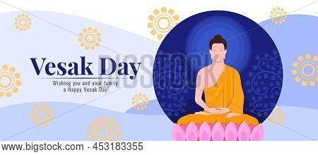 Vesak Day - The Lord Buddha Meditated On Pink Lotus And Radiance In Circle Dark Blue With Bodhi Tree